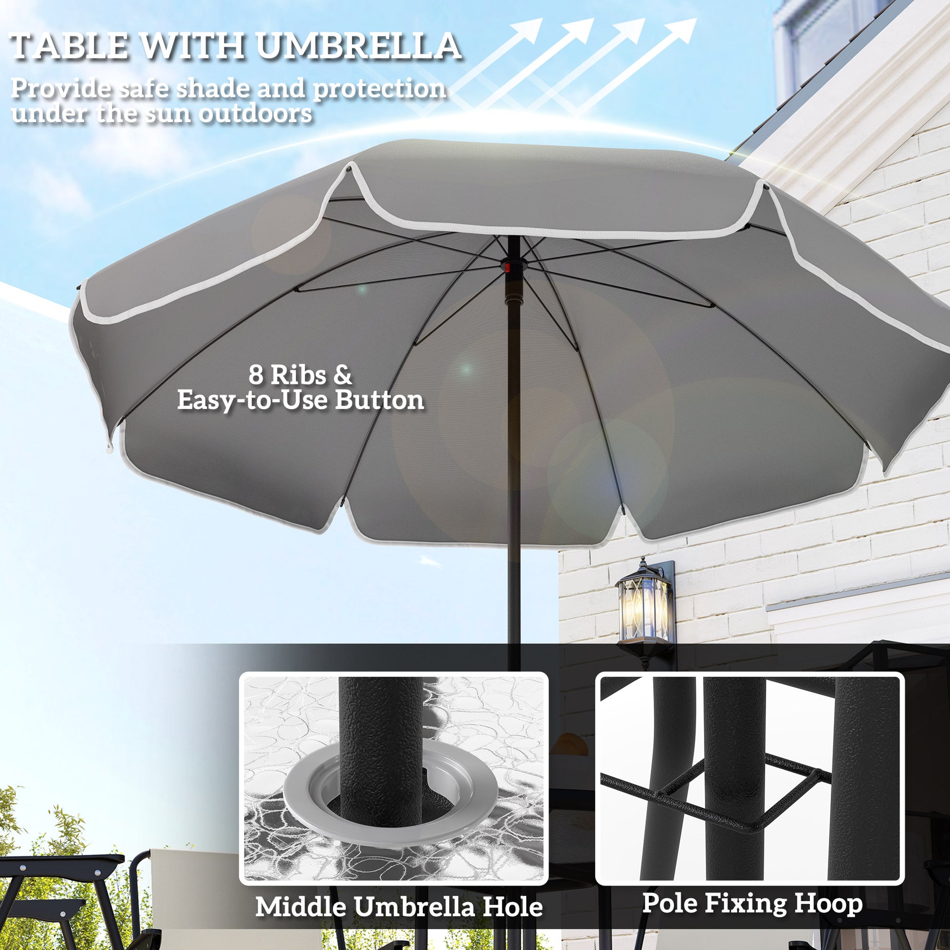 6 Pieces Patio Dining Set with Umbrella, Patio Furniture Set with Folding Chairs, Glass Table for Garden Backyard, Cream