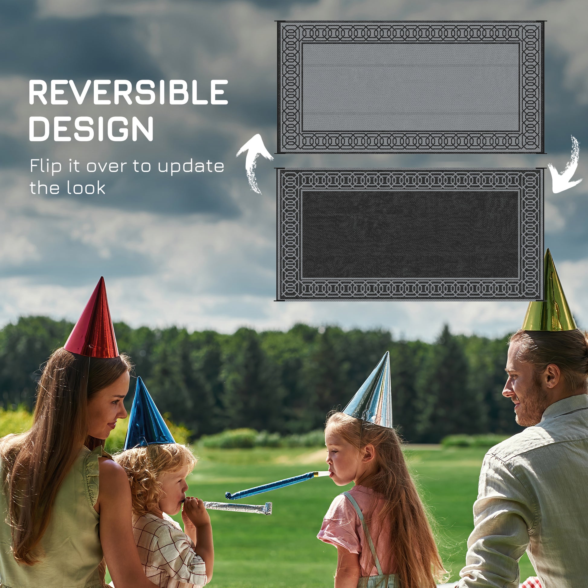 Portable Outdoor Rug with Carrying Bag, 9' x 18' Reversible Mat, Waterproof Plastic Straw RV Rug, Black and Grey