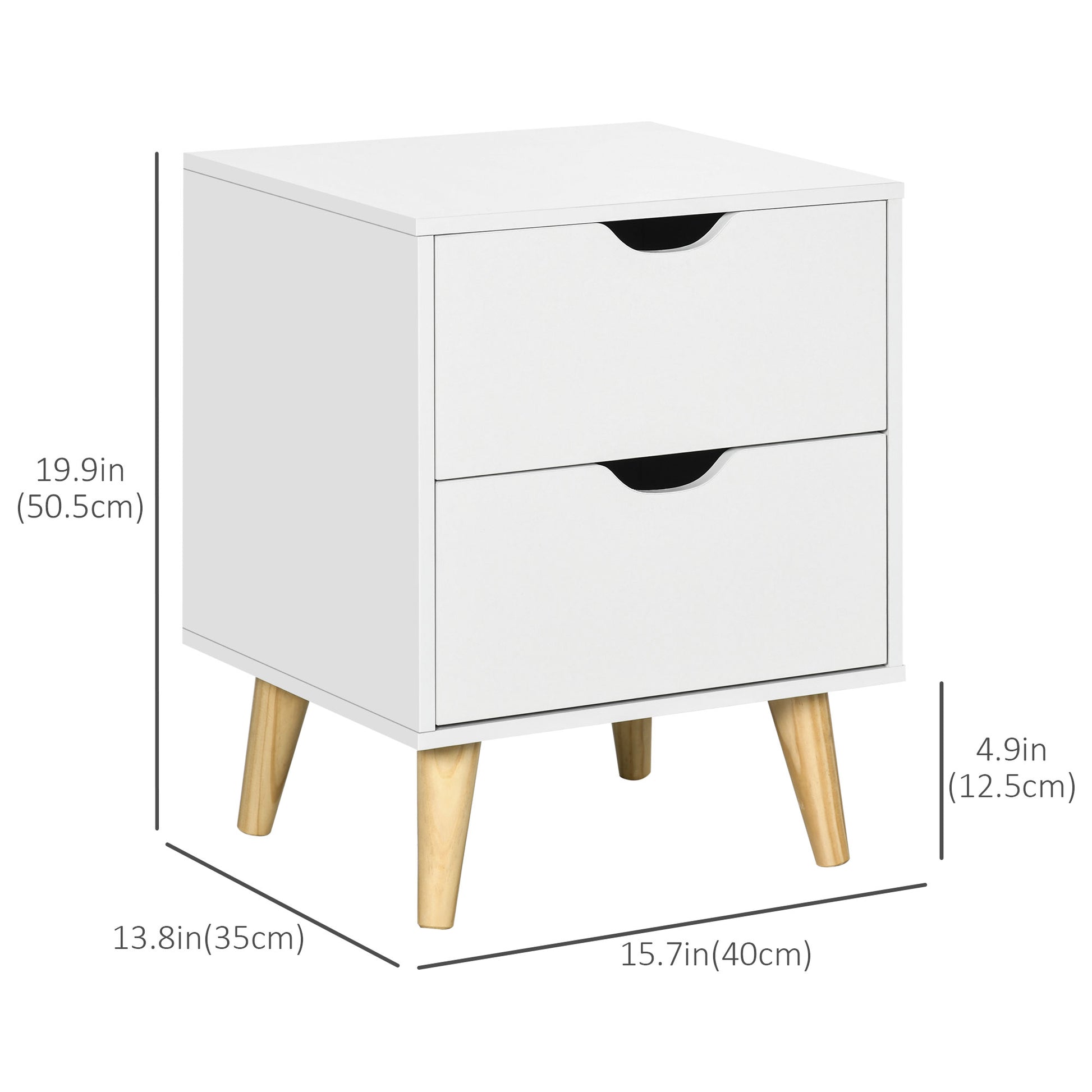 Modern Bedside Table, Nightstand with 2 Drawers and Pine Wood Legs for Bedroom, Living Room, White