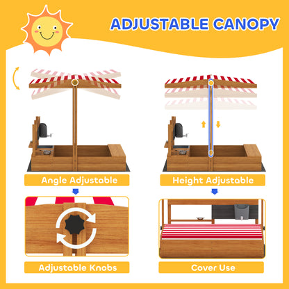 Kids Sandbox with Cover Kitchen Playset Toys, Wooden Sand Box with Seat, Storage, for 3-7 Years Old, Red
