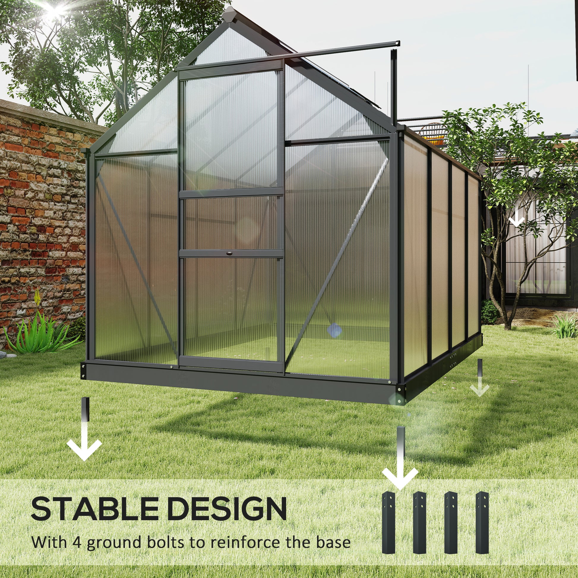 Greenhouse Garden, Green House, Outdoor Greenhouse Kit, PC Board with Sliding Door, 6.2' x 8.3' x 6.6', Grey