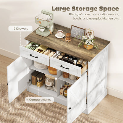 Kitchen Island with Sitting Space, Sideboard Cabinet with 2 Drawers and 2 Adjustable Shelves for Dining Room, White