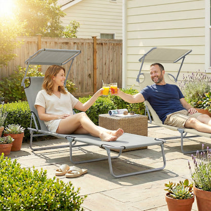 Outdoor Lounge Chair, Adjustable Folding Chaise Lounge, Tanning Chair with Sun Shade for Beach, Camping, Hiking, Backyar