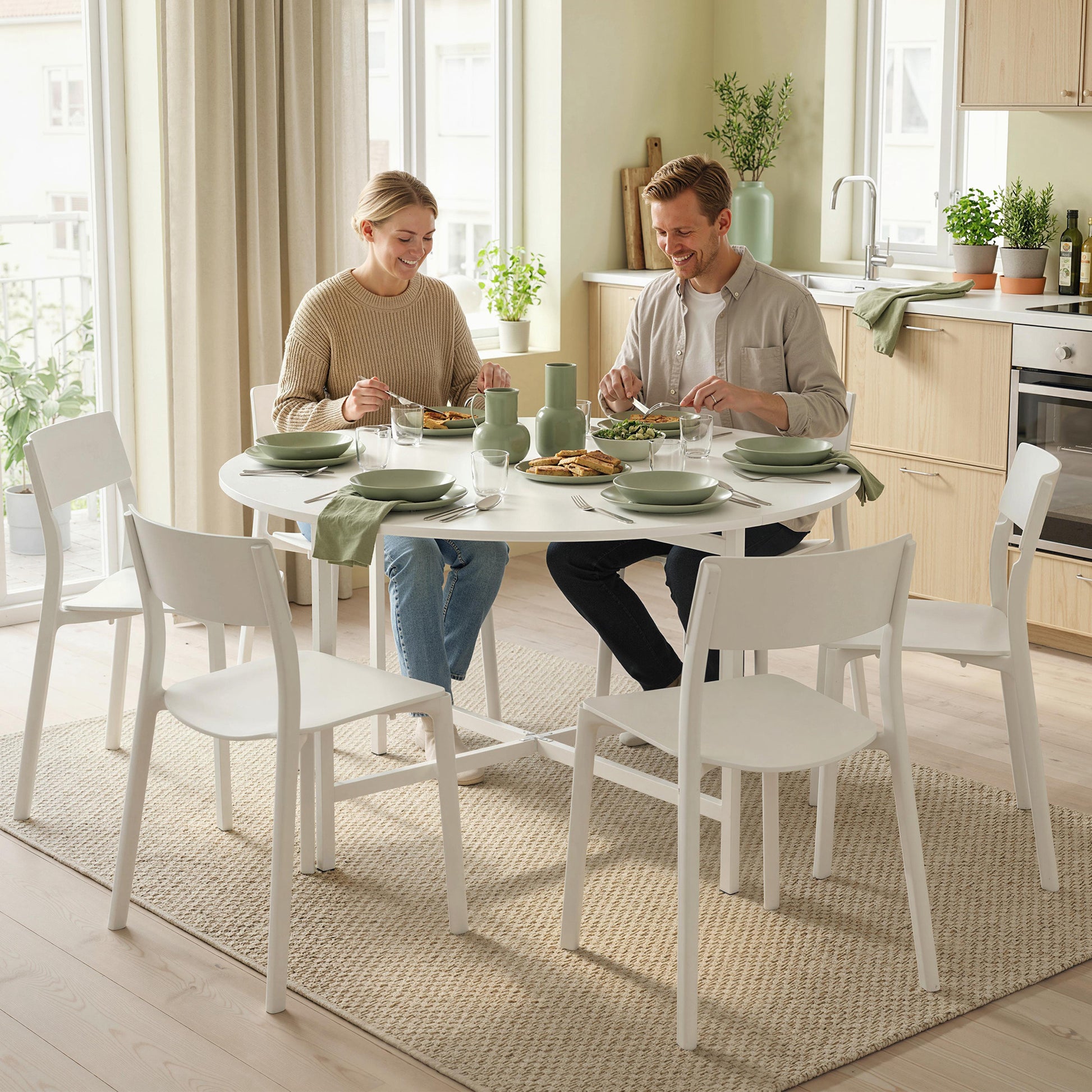 Folding Dining Table for 3-6 People, 47" Round Drop Leaf Kitchen Table with Steel Frame, White