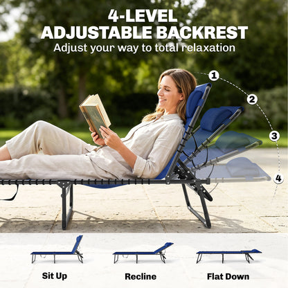 Outdoor Folding Lounge Chair, 4-Level Adjustable Chaise Lounge, Tanning Chair Beach Bed Reclining Lounger Cot for Campin