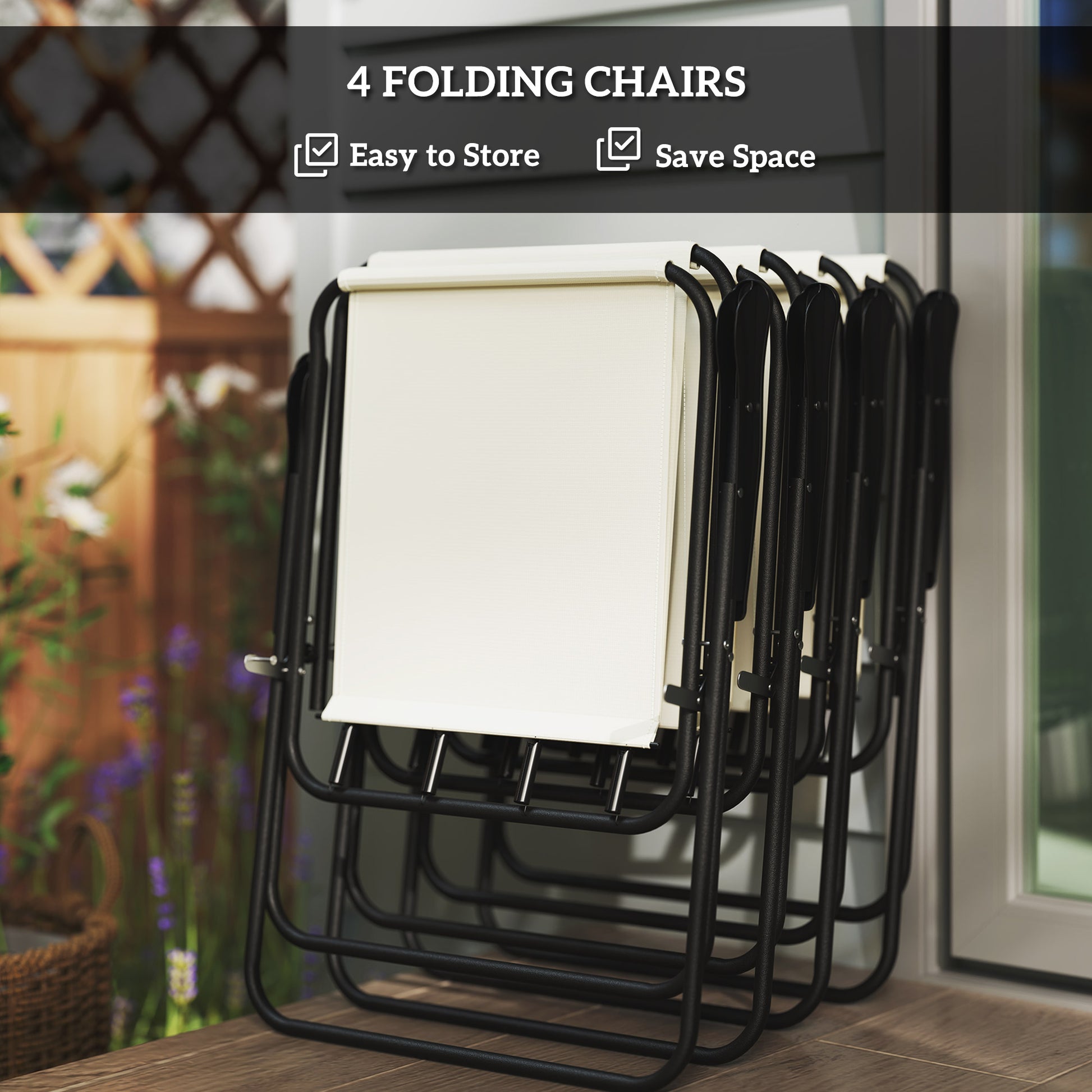 6 Pieces Patio Dining Set with Umbrella, Patio Furniture Set with Folding Chairs, Glass Table for Garden Backyard, Cream