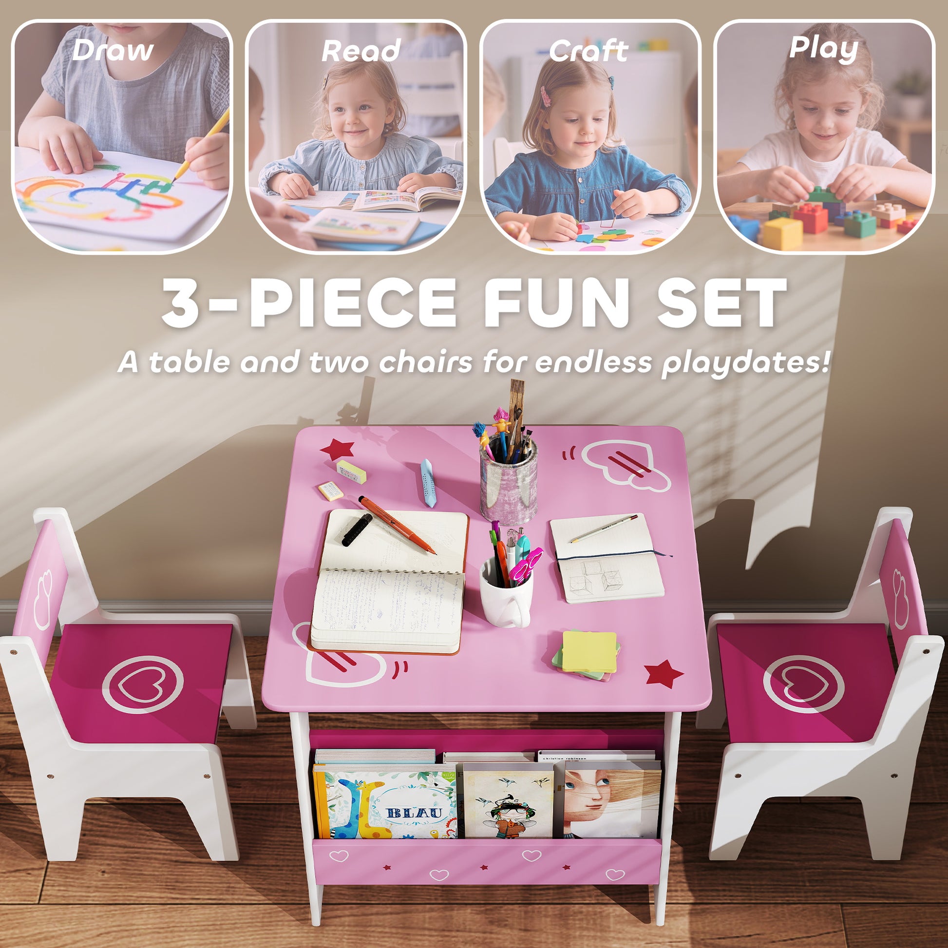 Qaba 3 Pieces Kids Table and Chair Set with Bookshelves, for Classroom, Home, Nursery, Playroom, for Read, Draw, Art, Pi