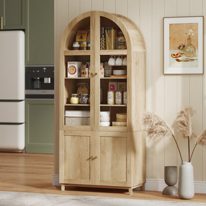 Arched Kitchen Pantry Cabinet, 71" Tall Farmhouse Kitchen Storage Cabinet with Acrylic Glass Doors, Oak