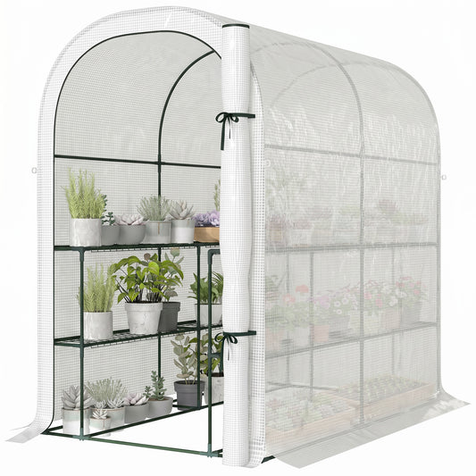 Walk-in Mini Greenhouse with Shelves, Portable Outdoor Greenhouse with Roll-up Door, 123 x 187 x 189 cm, White