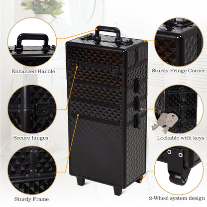 4 in 1 Portable Aluminum Makeup Case Train Cases, Rolling Makeup Case with 2 Wheels, Multiple Compartments and Lift Hand