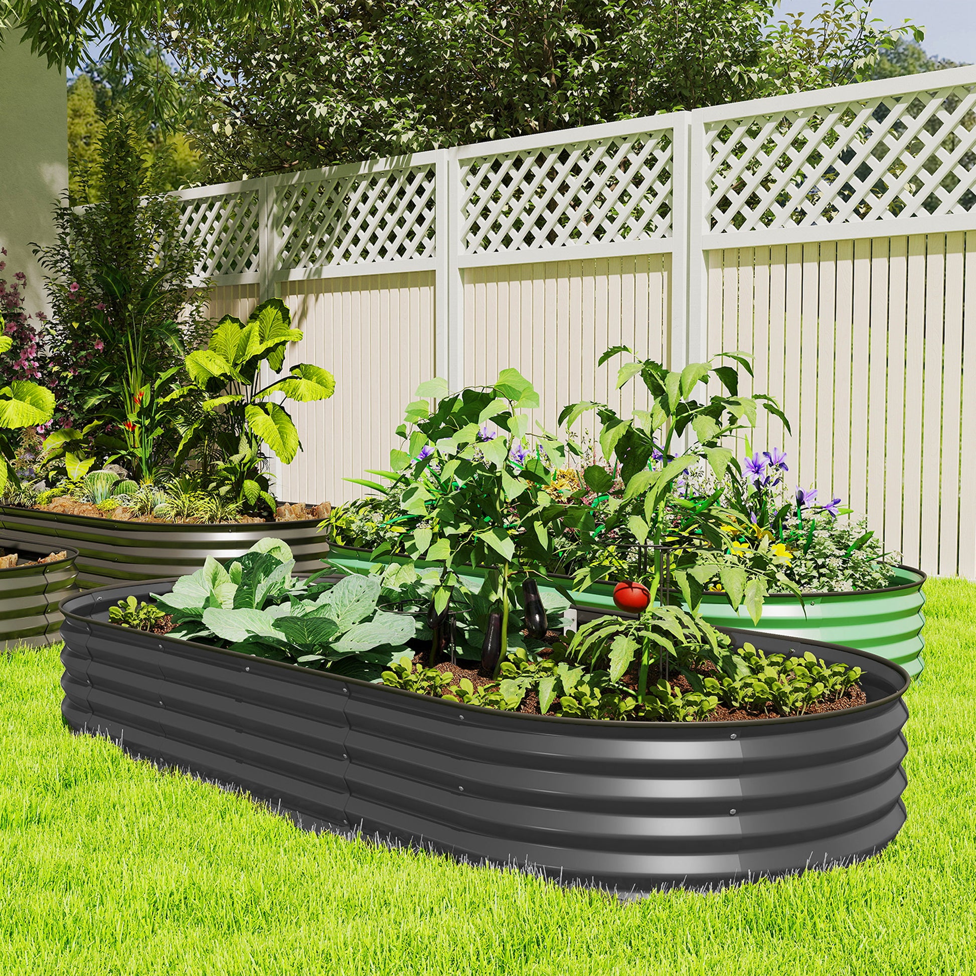 7' x 3' x 1' Large Outdoor Planter Box, Galvanized Raised Garden Bed with Metal Plant Stake, Dark Grey