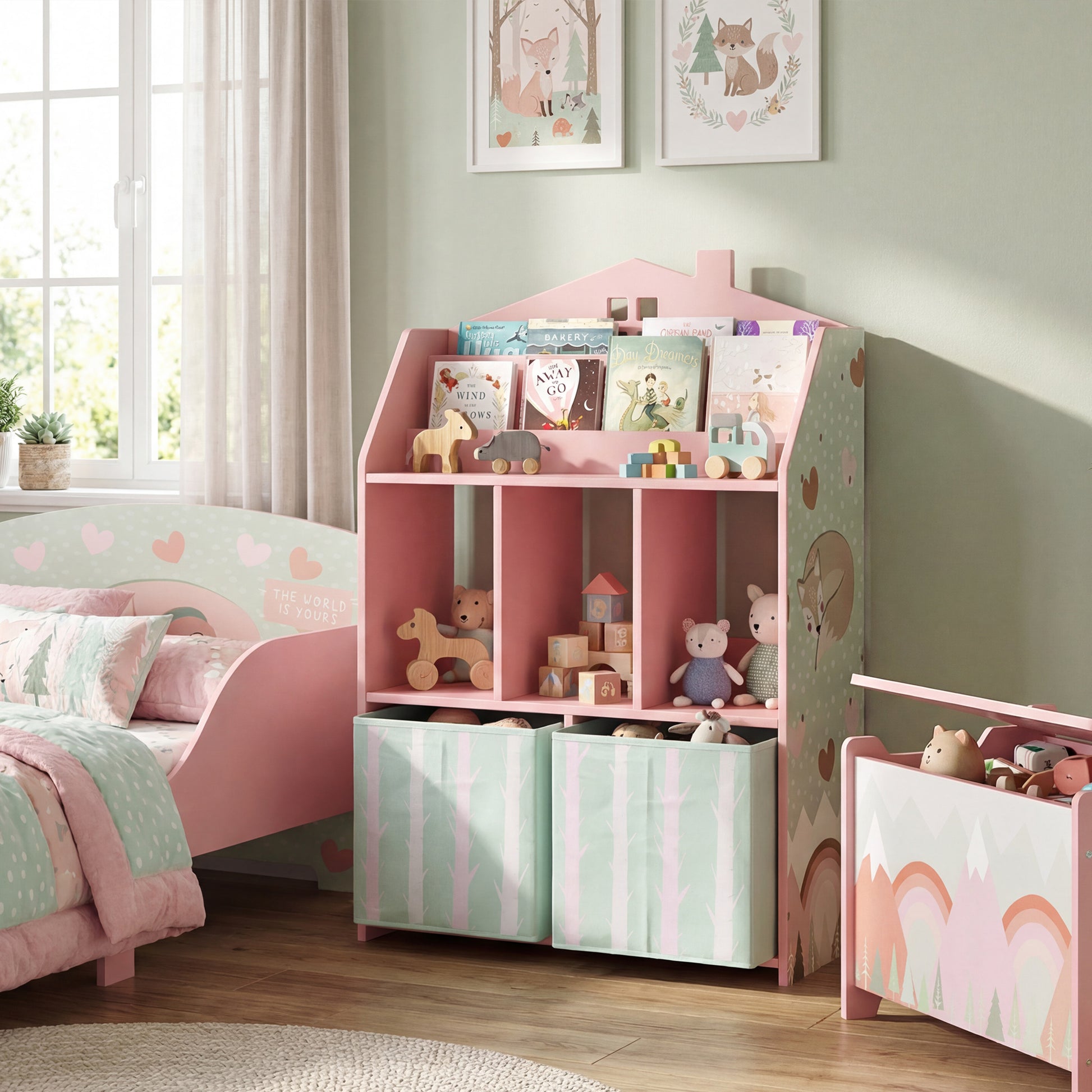 Qaba Kids Bookshelf with Storage, Toy Storage Unit with Book Display, Shelves and Fabric Drawers for Playroom Nursery, P