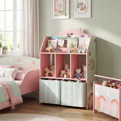 Qaba Kids Bookshelf with Storage, Toy Storage Unit with Book Display, Shelves and Fabric Drawers for Playroom Nursery, P