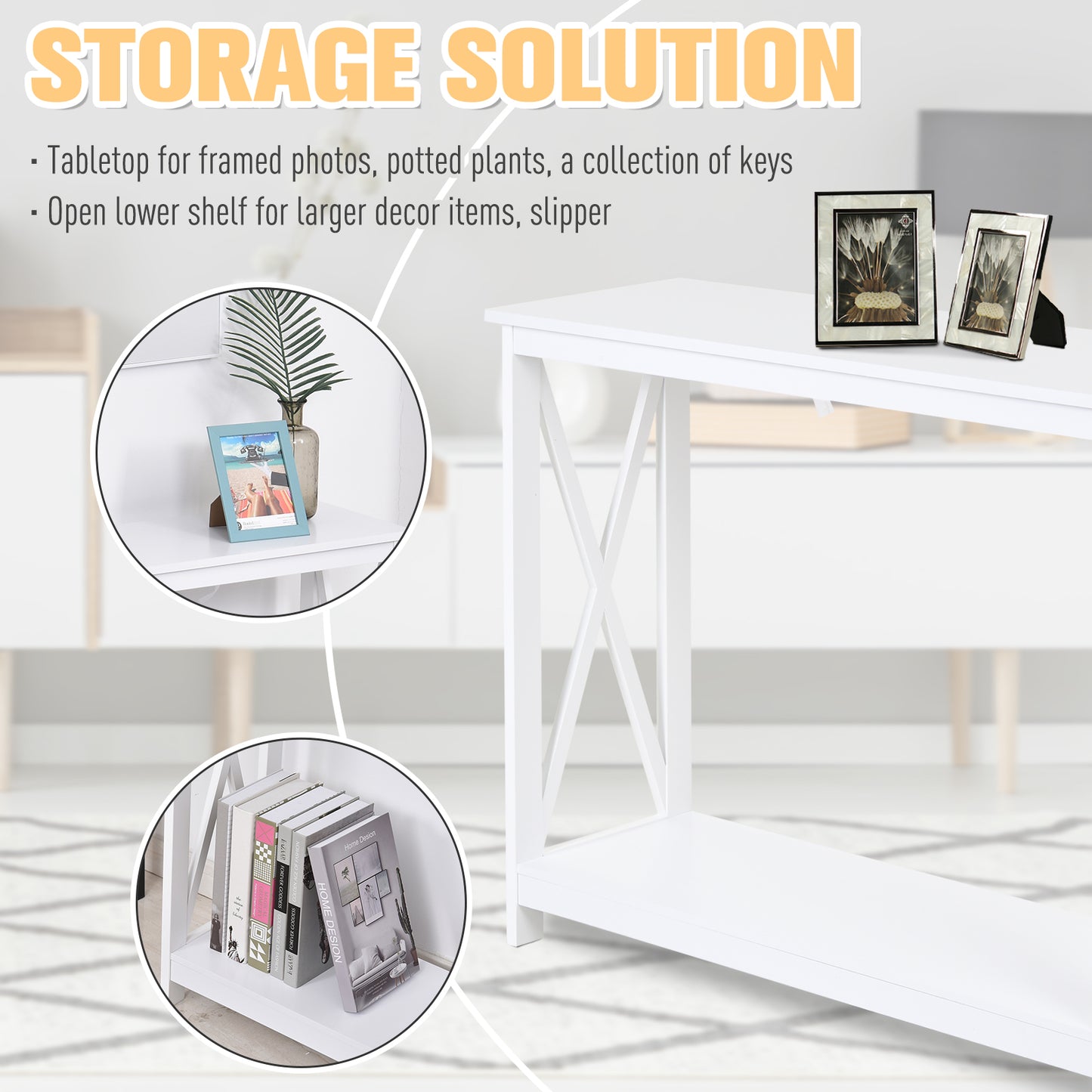 40" Console Table, 2 Tier X-Design Narrow Entryway Table with Storage Shelf for Behind Couch, Living Room, Hallway, Whit
