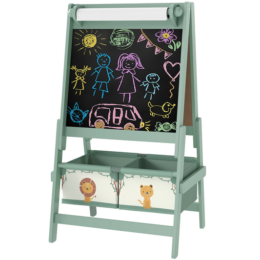 Qaba Art Easel for Kids, Double-Sided Whiteboard & Chalkboard with Paper Roll, 2 Storage Boxes, Gift for Boys, Girls, Gr