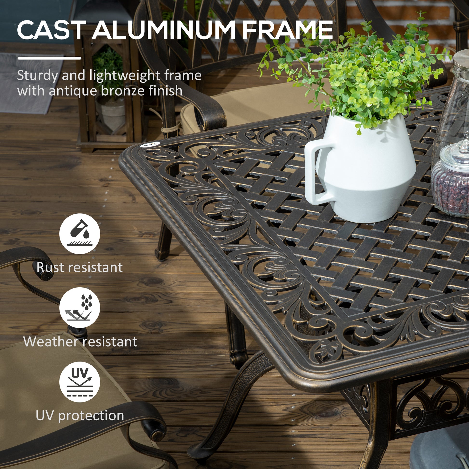 7 Pieces Patio Dining Set with Umbrella Hole, Cast Aluminum Outdoor Patio Furniture Set with 6 Cushioned Chairs and Rect