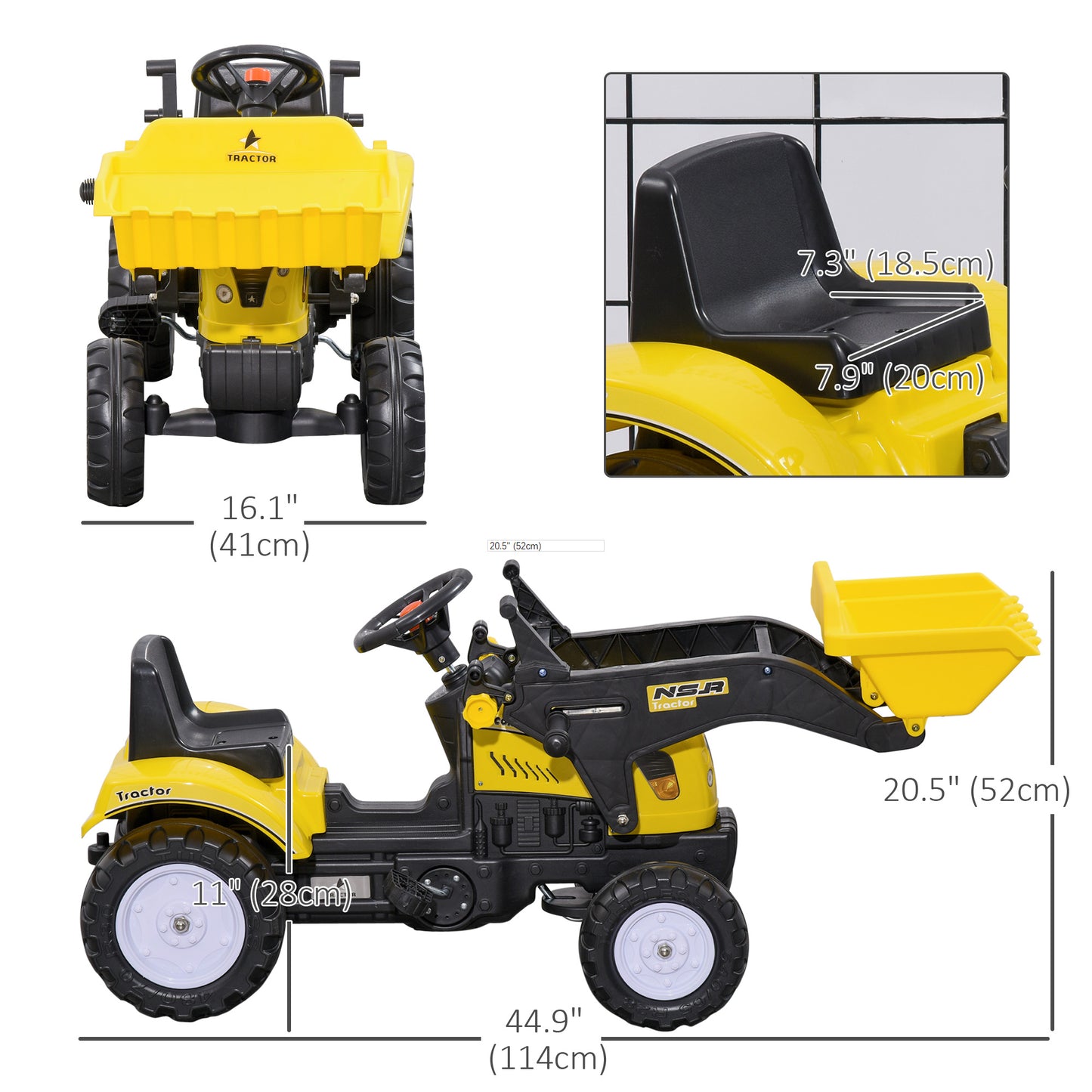 VarietyKart Ride on Tractor for Kids, Pedal Construction Car with Front Loader Digger for 3 Years Old, Yellow
