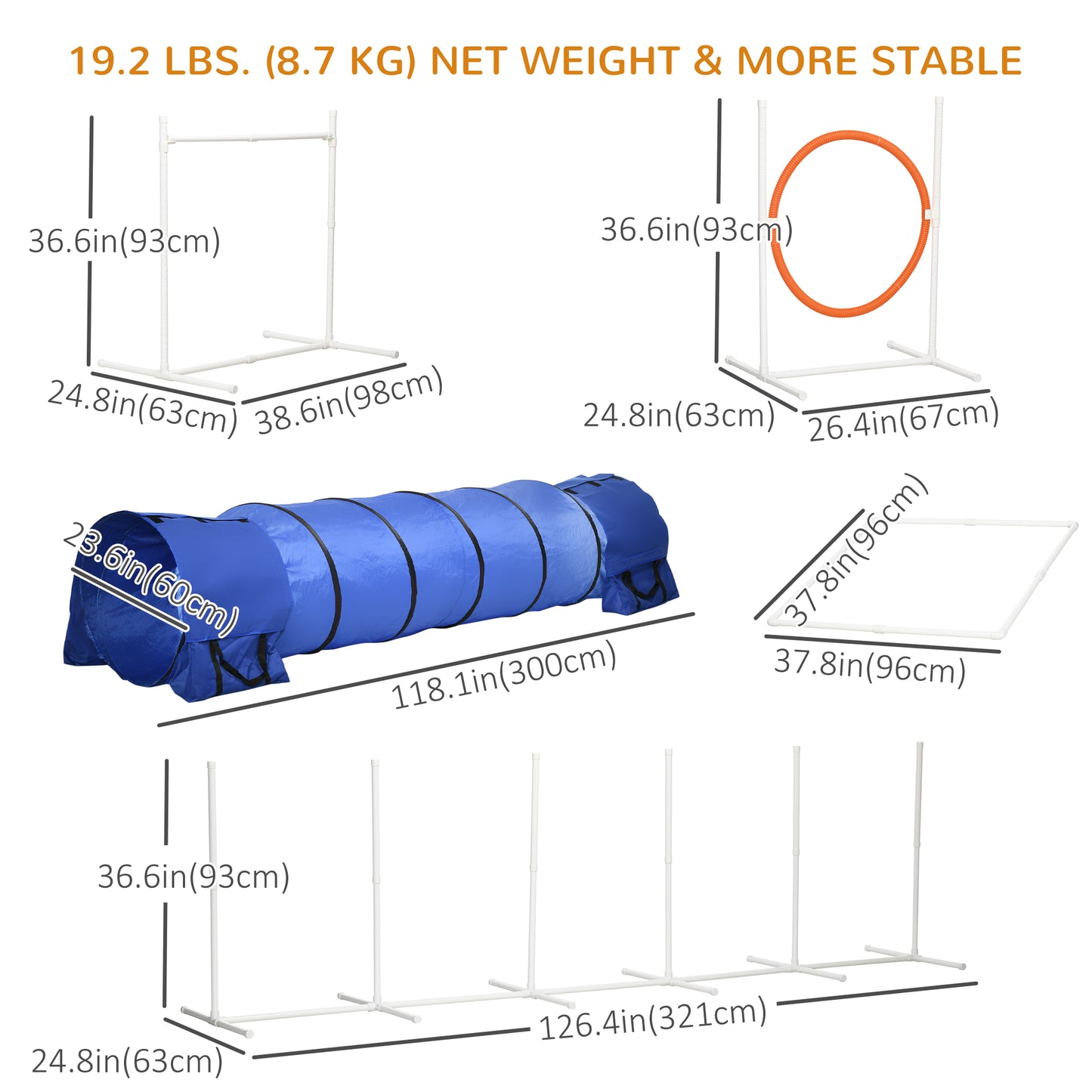 5Pcs Dog Agility Training Equipment with 8.7KG Net Weight, Pet Agility Set with Tunnels, Adjustable Jump Ring, Jumper, W