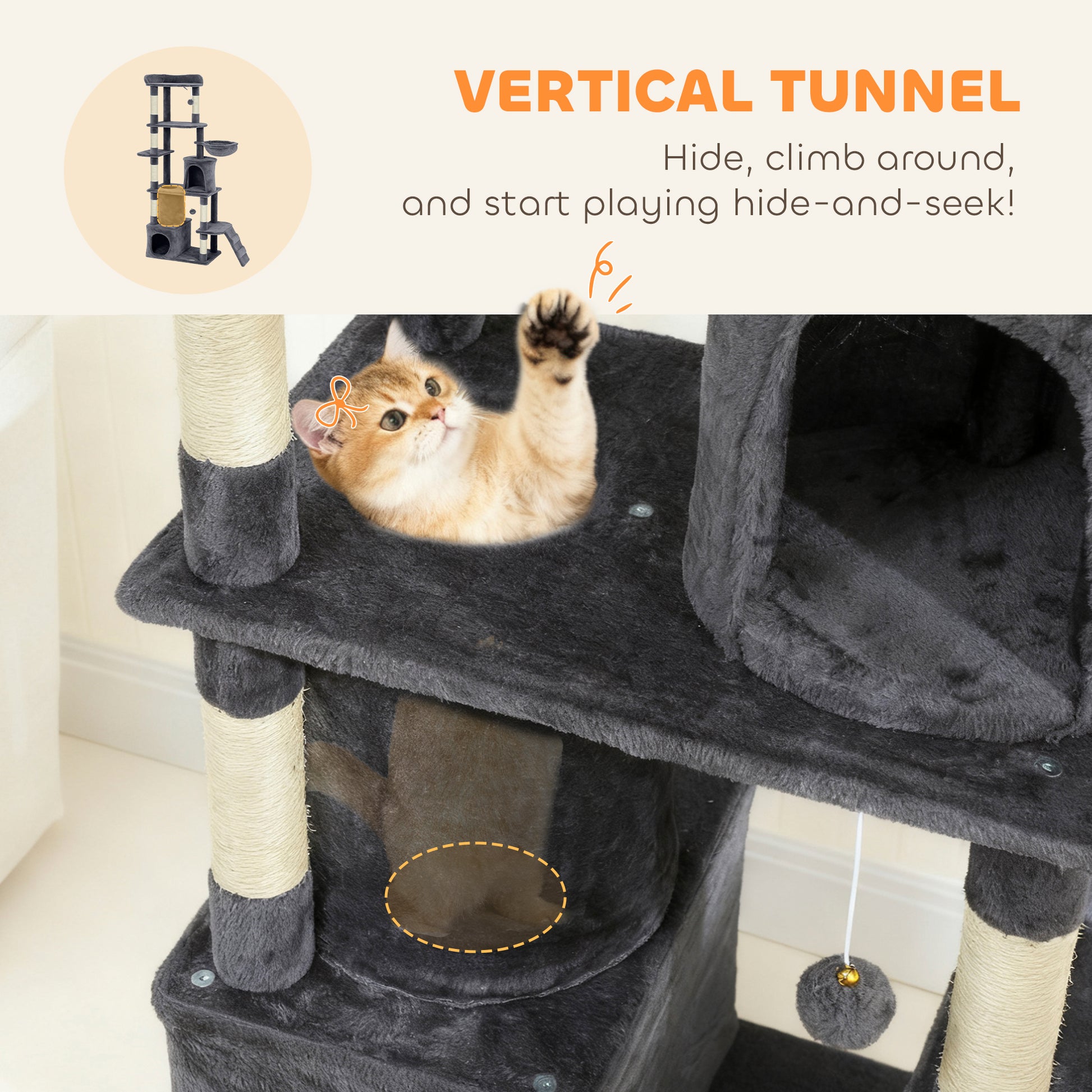 67" Large Cat Tree with 7 Scratching Posts, Tunnel, 2 Condos, Hammock, Perch, Ramp, Pompoms, Dark Grey