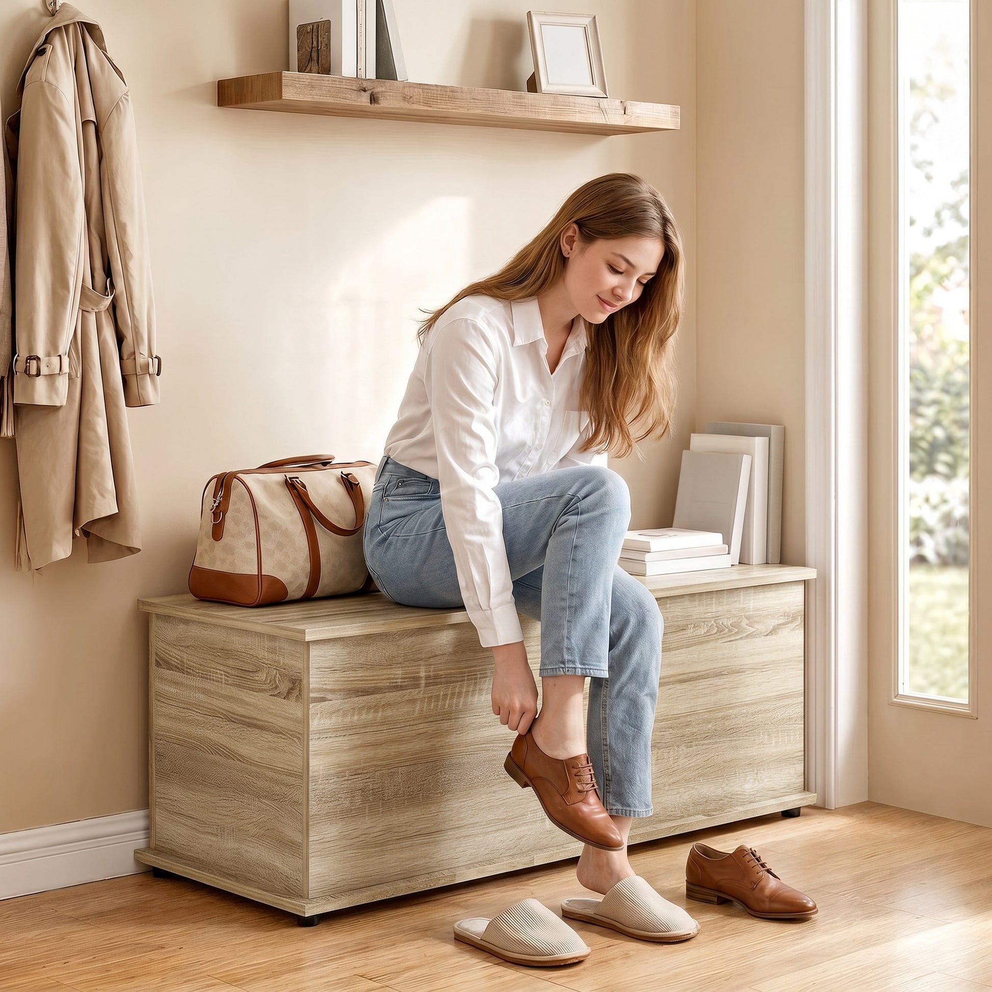 39.5" Storage Chest with 2 Safety Hinges, Storage Box Organizer with Flip-Top Lid, Entryway Storage Bench, Oak