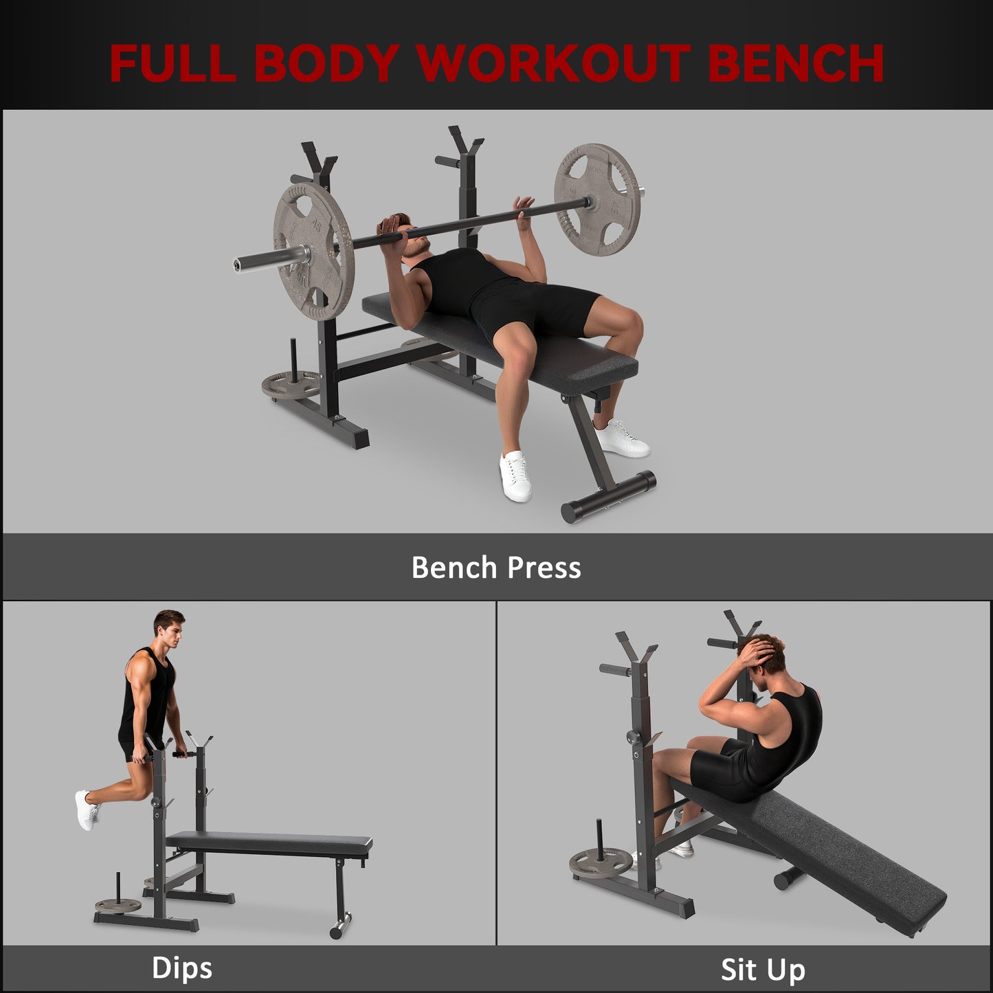 Soozier Adjustable Weight Bench, Foldable Bench Press with Barbell Rack and Dip Station for Home Gym, Strength Training 