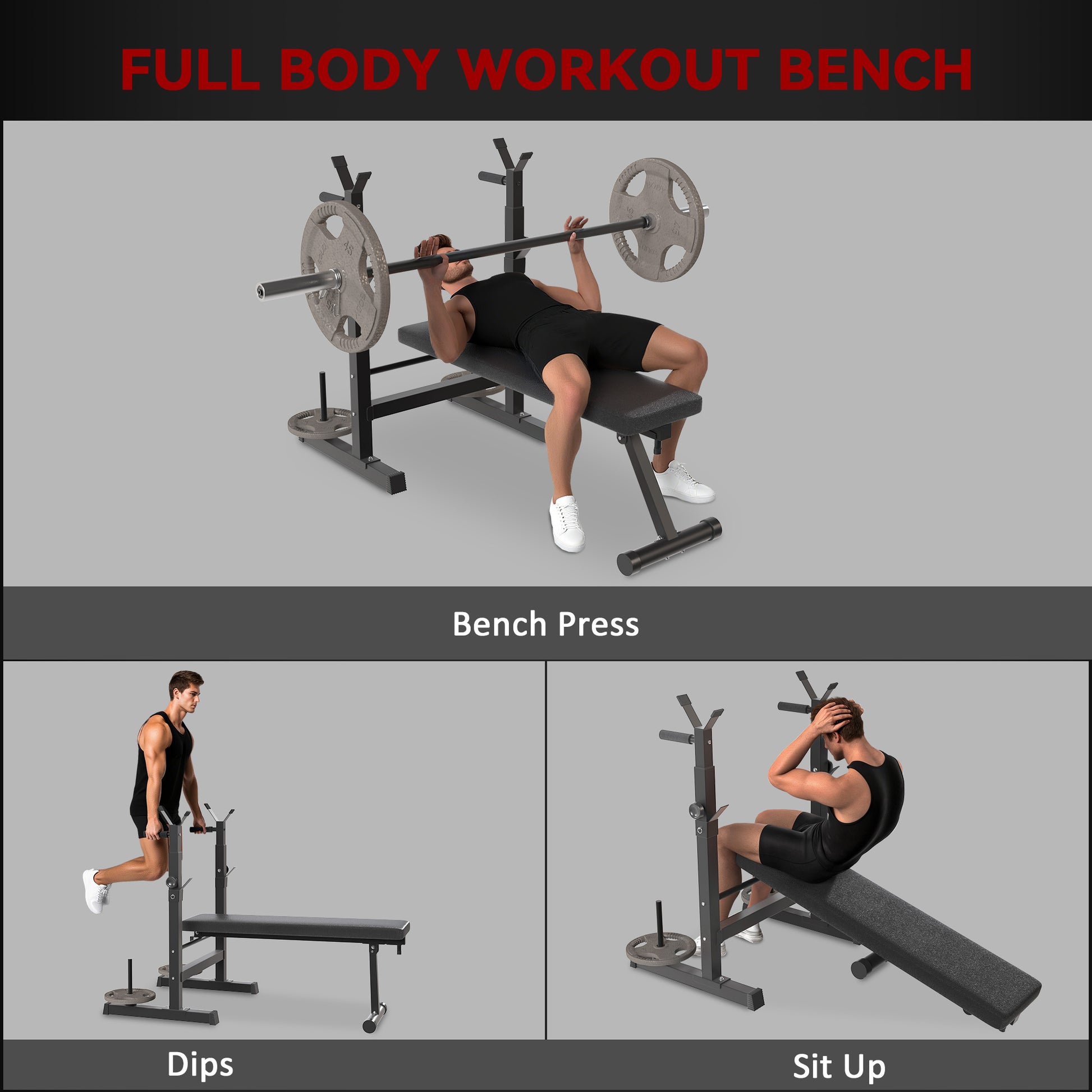 Soozier Adjustable Weight Bench, Foldable Bench Press with Barbell Rack and Dip Station for Home Gym, Strength Training 