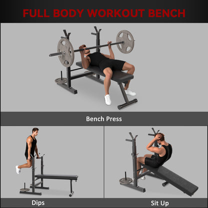 Soozier Adjustable Weight Bench, Foldable Bench Press with Barbell Rack and Dip Station for Home Gym, Strength Training 