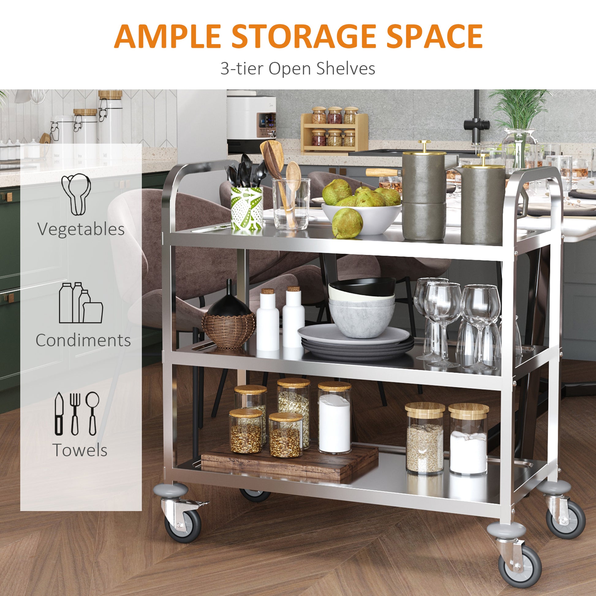 35.6" 3-Tier Kitchen Trolley Medical Treatment Laboratory Equipment Carts, Stainless Steel Rolling Kitchen Island, Wheel