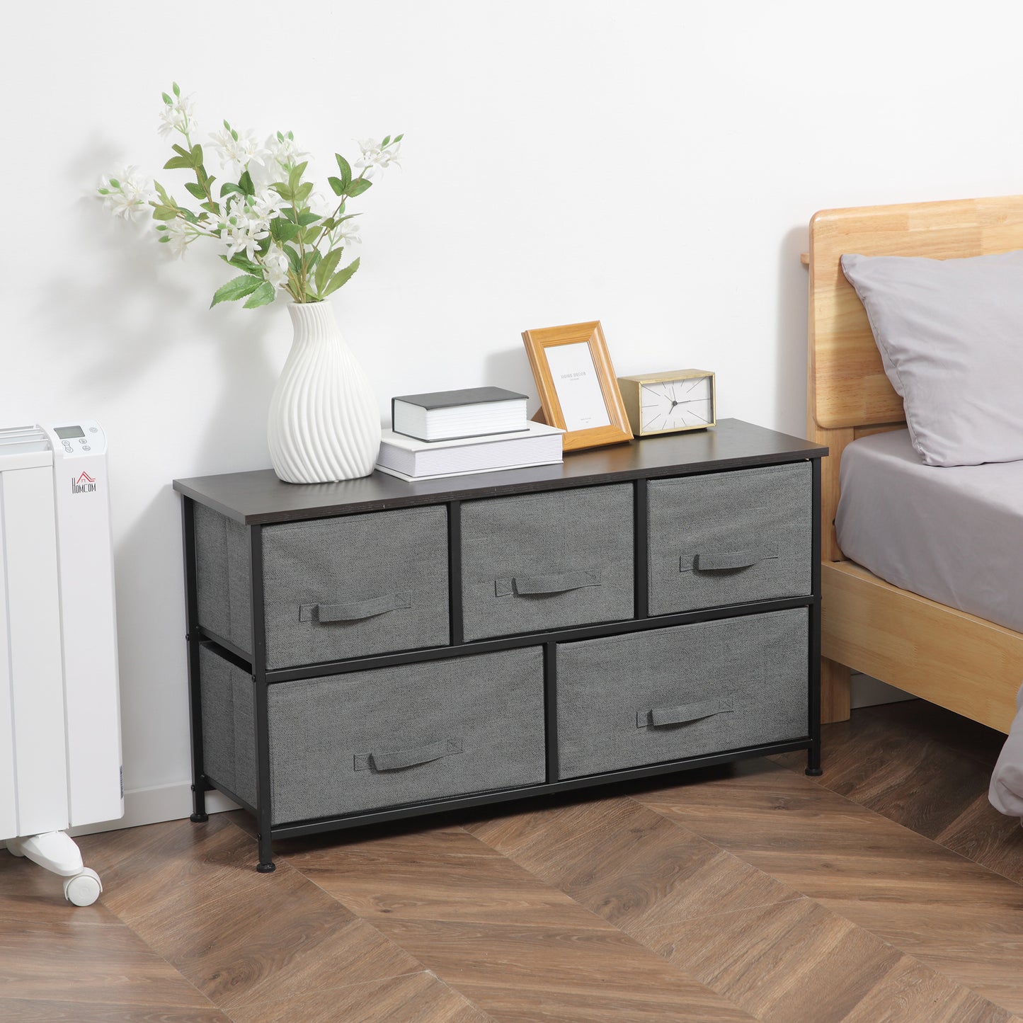 Linen Drawer Cabinet Organizer Storage Dresser Tower with 5 Removable Drawer Metal Frame Adjustable Feet for Living Room