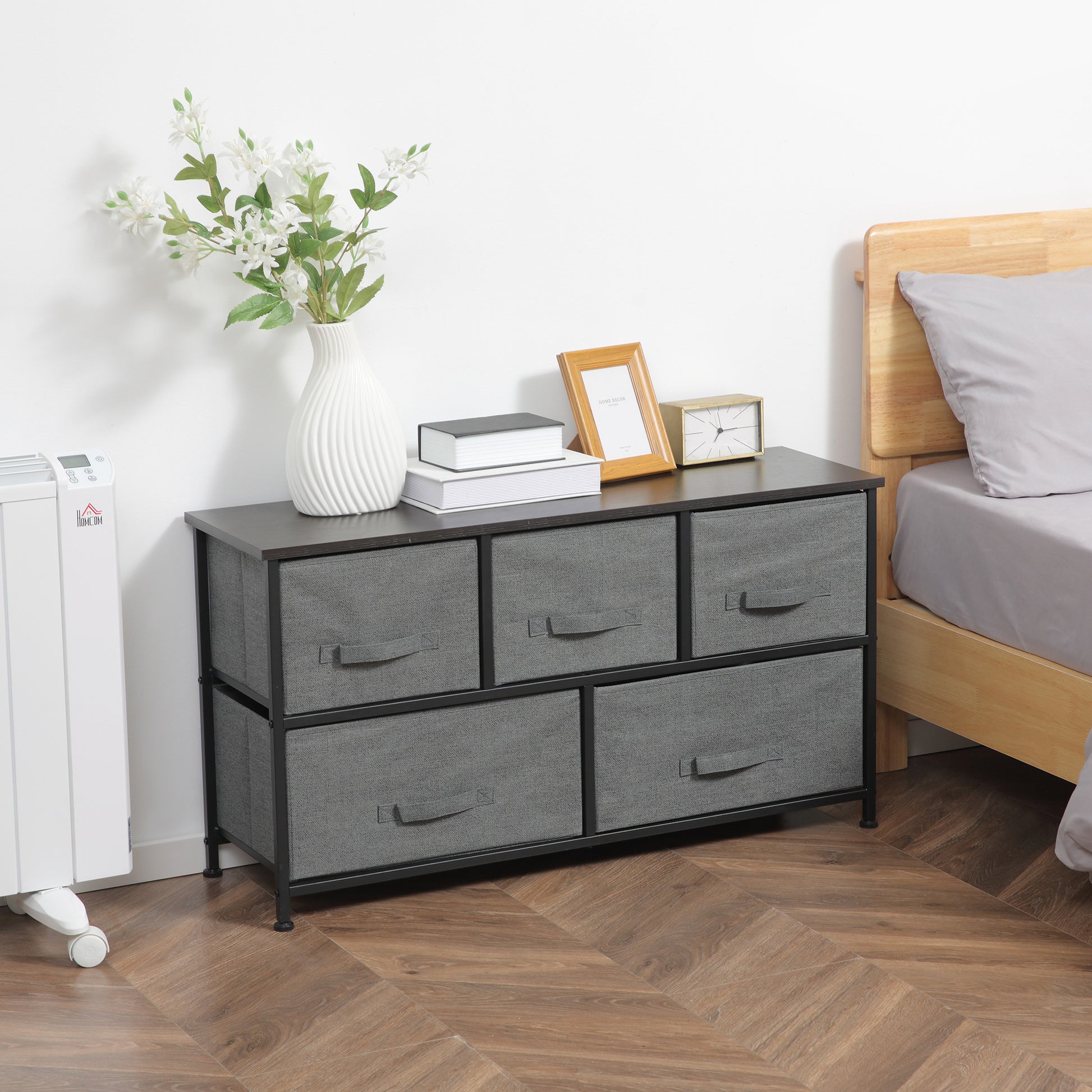 Linen Drawer Cabinet Organizer Storage Dresser Tower with 5 Removable Drawer Metal Frame Adjustable Feet for Living Room