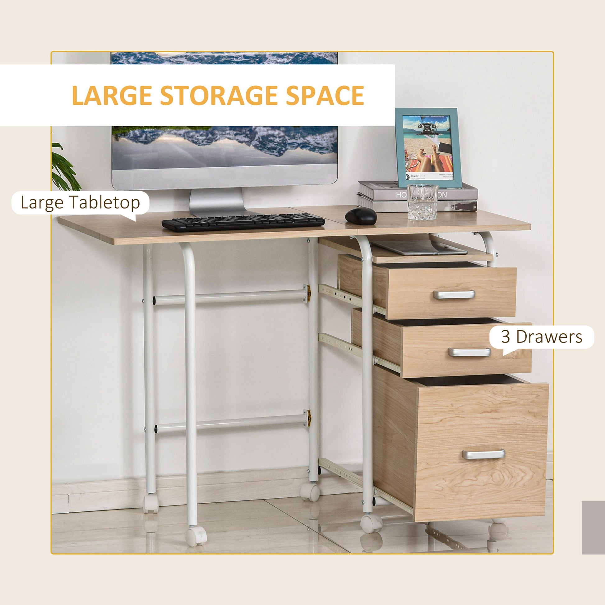 Foldable Computer Desk with Drawers, Executive Student Table with Storage Shelf, 6 Wheels for Bedroom Home Office Workst