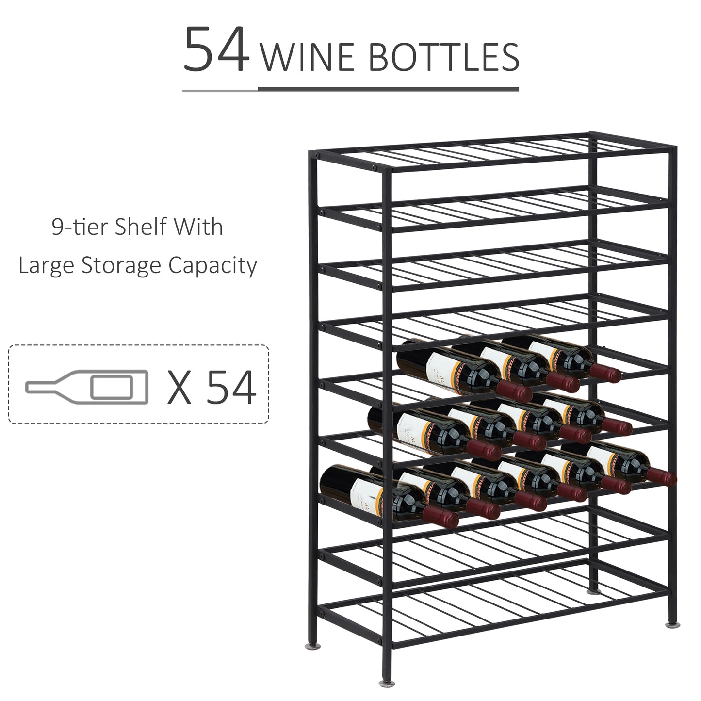 9-Tier Metal Wine Bottle Rack 54 Bottles Freestanding Wine Storage Holder Home Bar Wine Display Stand Cellar Bottle Orga