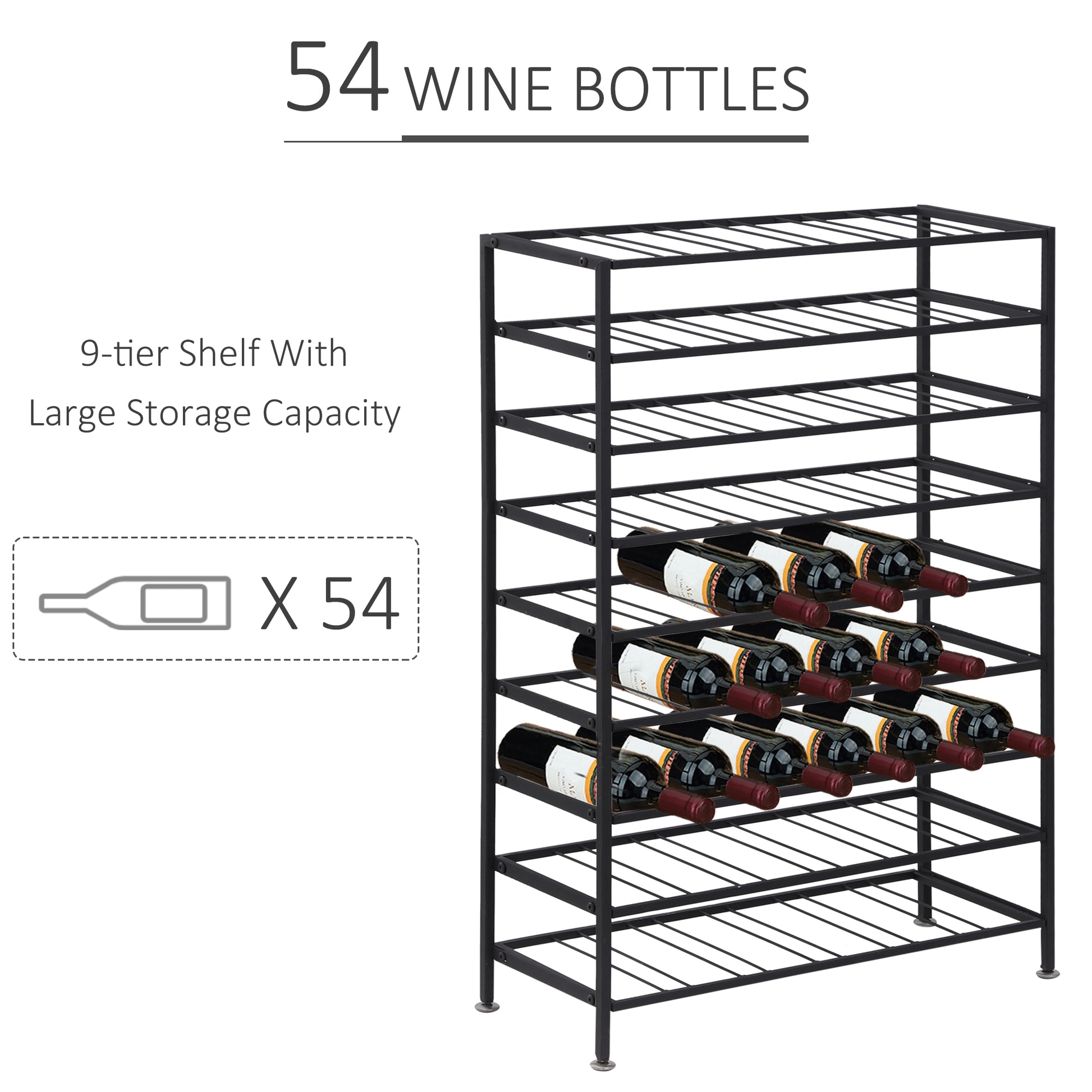 9-Tier Metal Wine Bottle Rack 54 Bottles Freestanding Wine Storage Holder Home Bar Wine Display Stand Cellar Bottle Orga
