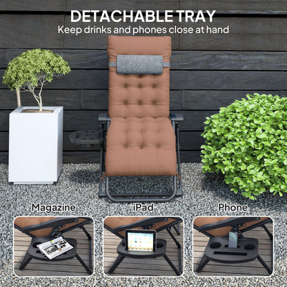 Padded Folding Recliner Chair, Patio Lounger with Cupholder, Adjustable Backrest, Removable Cushion, Khaki