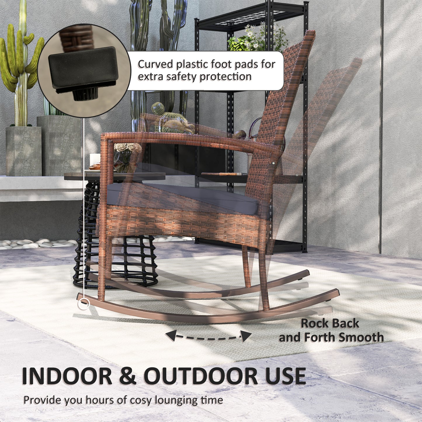 Outdoor PE Rattan Rocking Chair, Garden Glider Rocking Chair, Wicker Patio Chair Set with Armrest and Cushion, Dark Blue