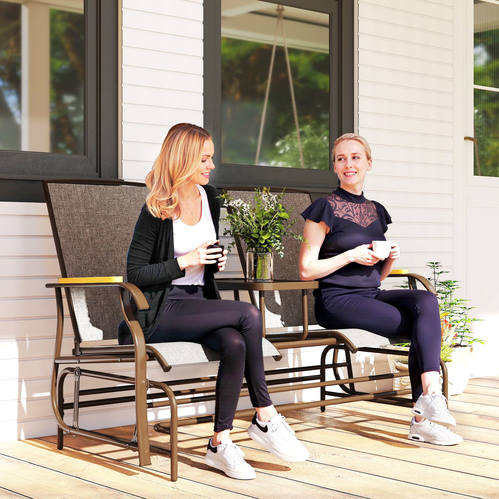 Outdoor 2-Person Glider Bench, Outside Swing Glider Chair Loveseat with Breathable Mesh, Table, Steel Frame