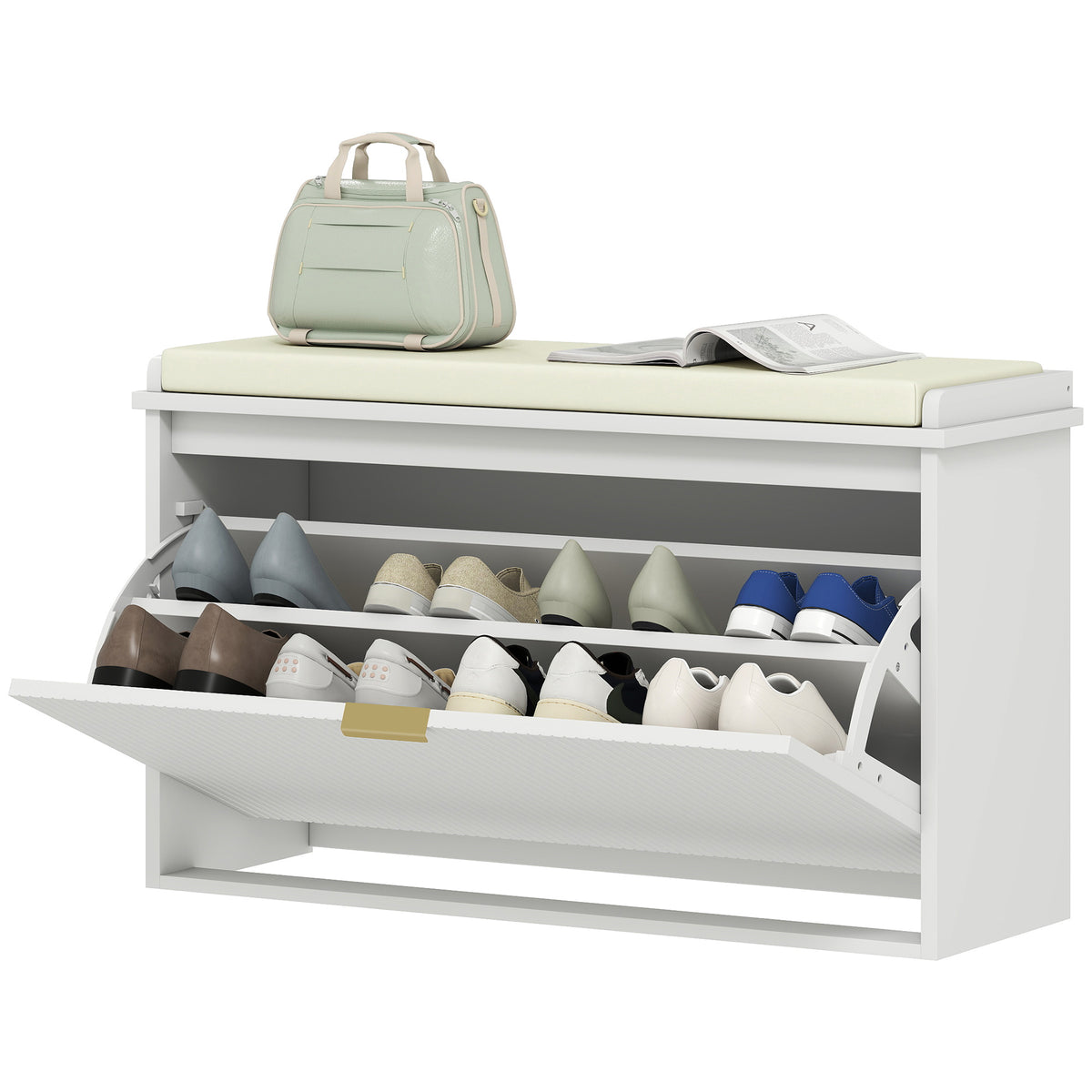 Entryway Bench with Padded Seat and Flip-Drawers, Holds up to 265lbs, Shoe Storage Bench for 8 Pairs of Shoes, White