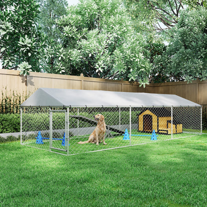19.7' x 7.5' x 4.9' Outdoor Dog Kennel Heavy Duty Galvanized Steel Chain Link with UV-resistant Roof, Silver