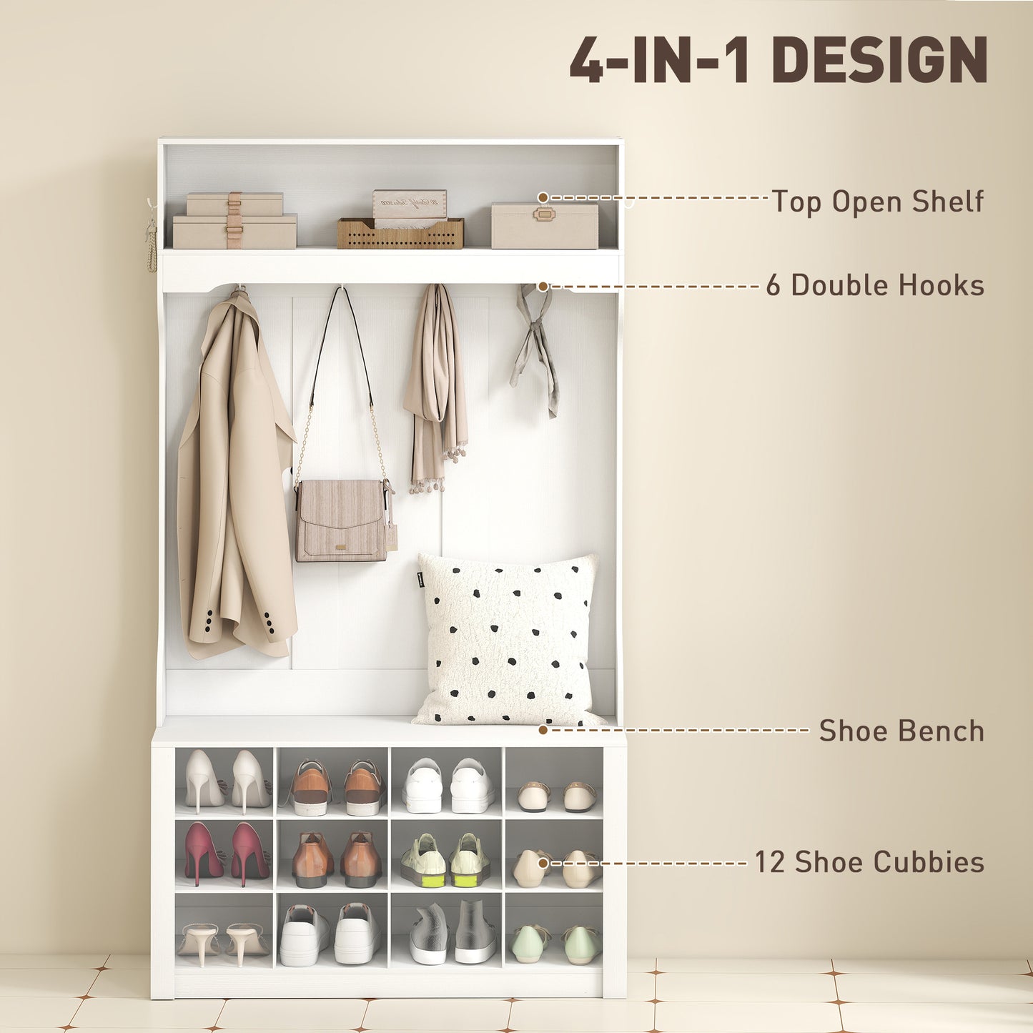 4-In-1 Hall Tree with Bench and Shoe Storage, Farmhouse Coat Rack Shoe Bench with 12 Shoe Cubbies, 6 Hooks, White