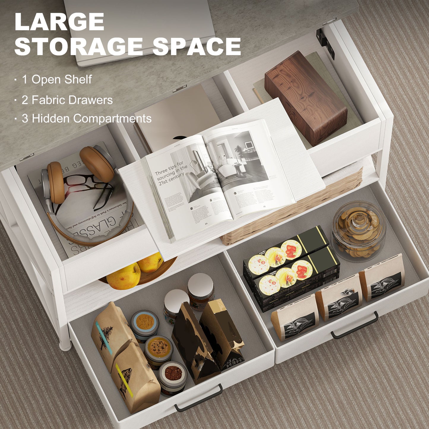 Modern Coffee Table, Lift Top Center Table with Fabric Drawers and Hidden Storage for Living Room, Cement Grey