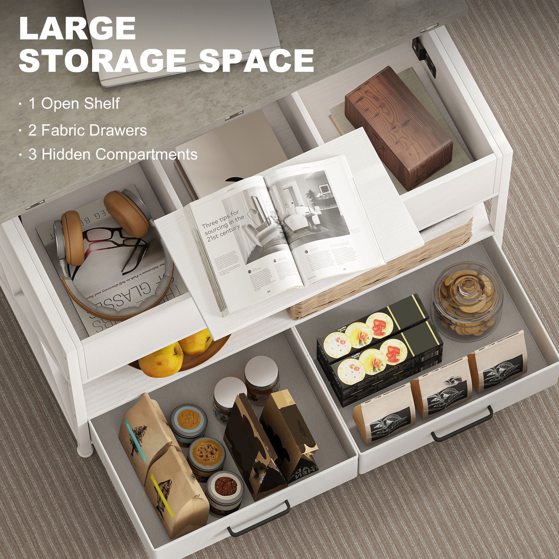 Modern Coffee Table, Lift Top Center Table with Fabric Drawers and Hidden Storage for Living Room, Cement Grey
