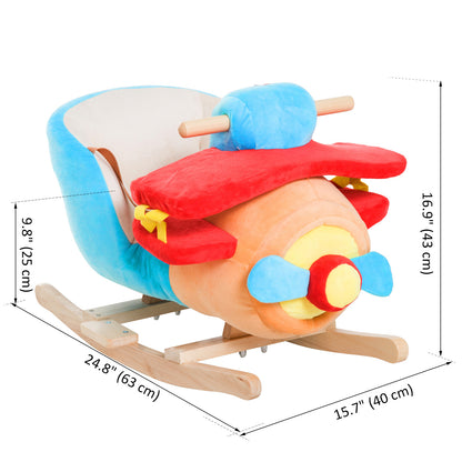 Qaba Baby Rocking Horse Plane Design Plush Stuffed Rocking Chair, Wooden Rocking Horse with Sound, Seat Belt for Boys an