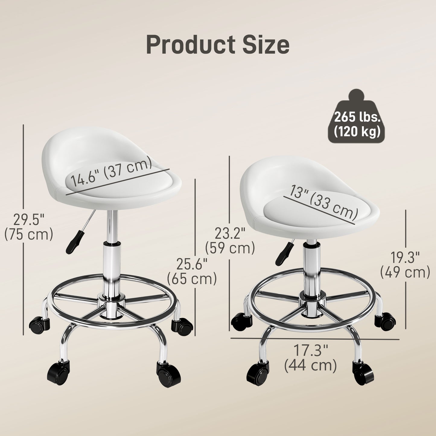 PU Leather Rolling Stool, Height Adjustable Swivel Salon Chair with Backrest and Foot Rest for Spa, Tattoo, White