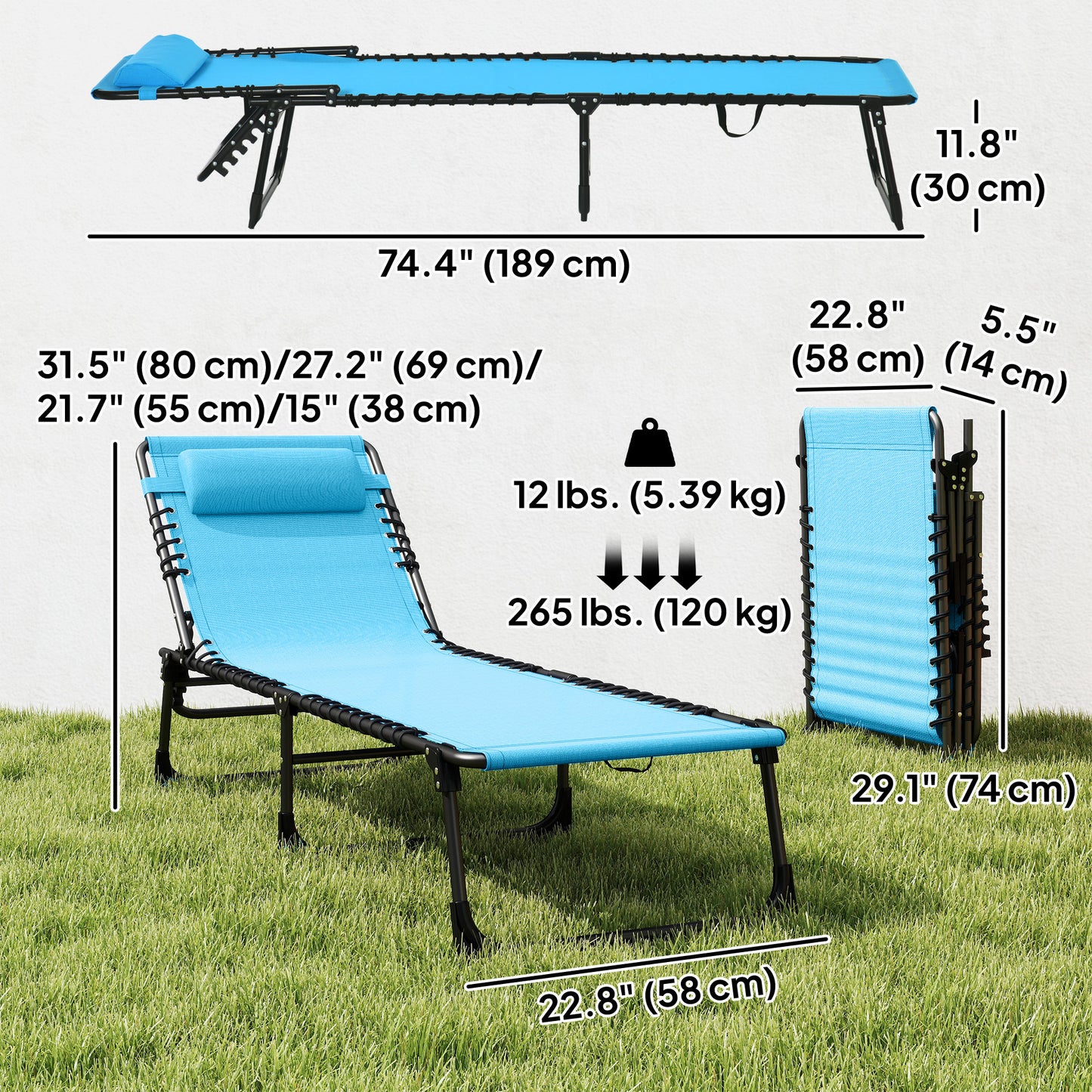 Outdoor Folding Lounge Chair, 4-Level Adjustable Chaise Lounge with Headrest, Tanning Chair Beach Bed, Reclining Lounger
