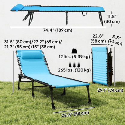 Outdoor Folding Lounge Chair, 4-Level Adjustable Chaise Lounge with Headrest, Tanning Chair Beach Bed, Reclining Lounger