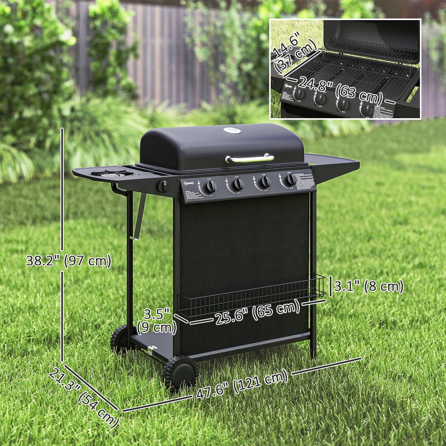4+1 Burner Propane Gas BBQ Grill, Portable Gas Barbecue Grill with Side Burner, Thermometer, Lid, Side Table, Shelf, Spi