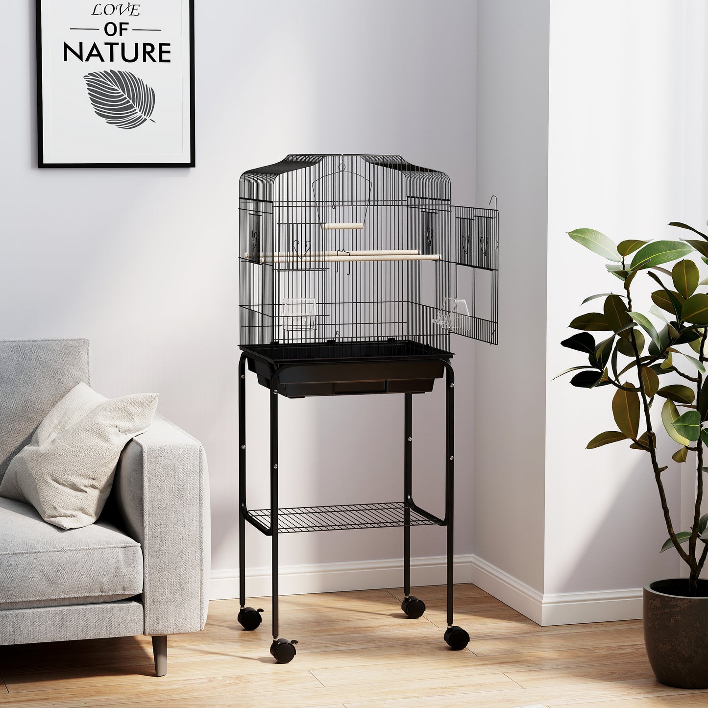 49" Rolling Bird Cage Cockatoo House Play Top Finch Pet Supply with Storage Shelf, Wheels - Black
