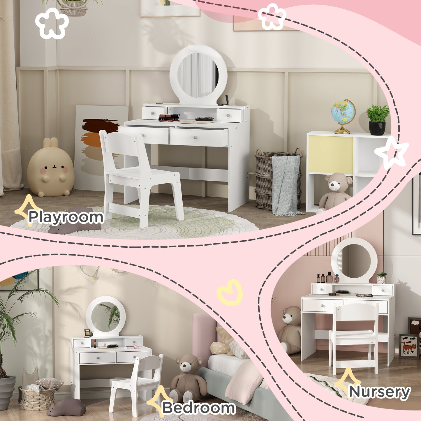 Qaba Kids Vanity Set, Children Makeup Table with Mirror, Stool and Storage Drawers, for Ages 3-8, White
