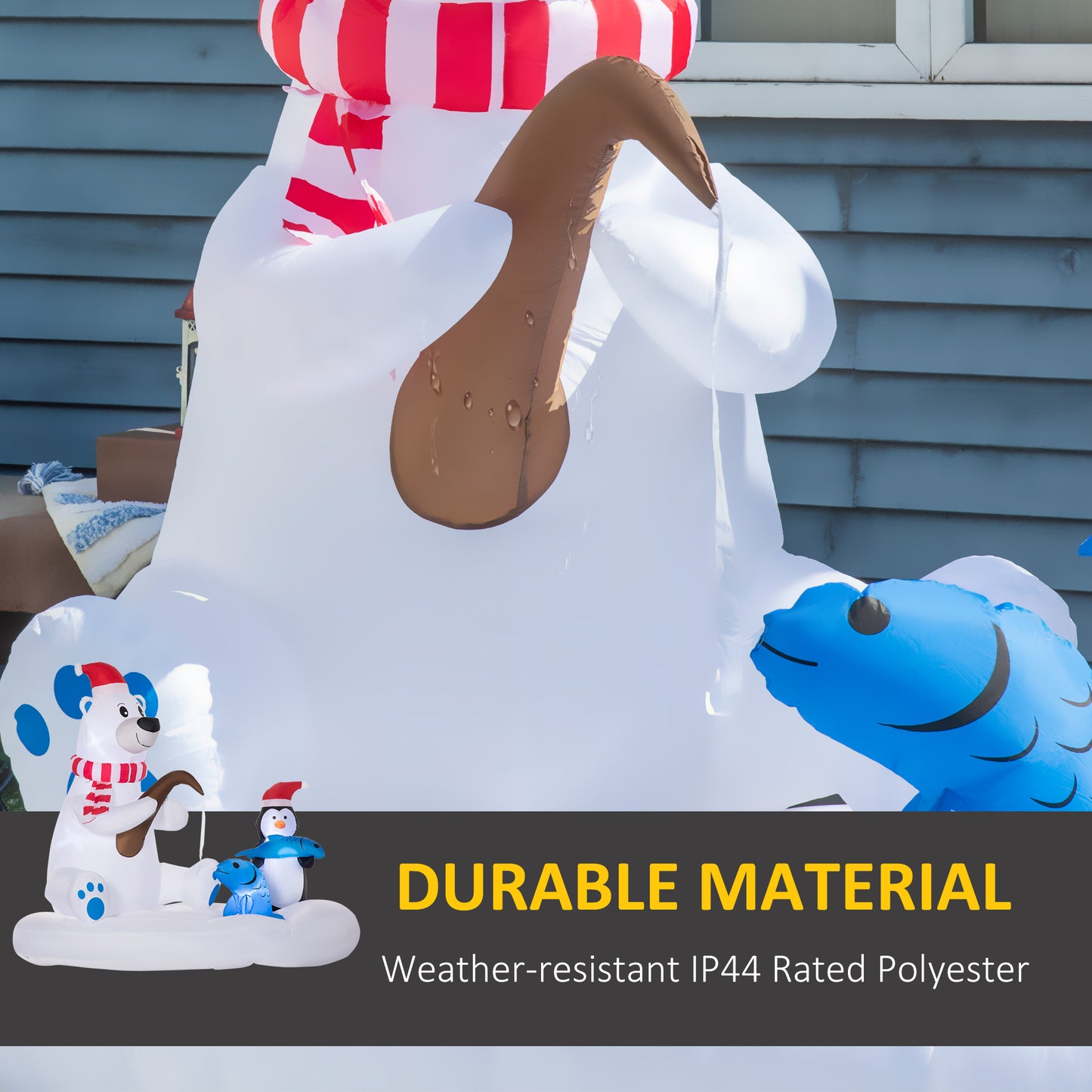 6ft Christmas Inflatable Polar Bear and Penguin with Santa's Hat Fishing on Board, Blow-Up Outdoor LED Yard Display for 
