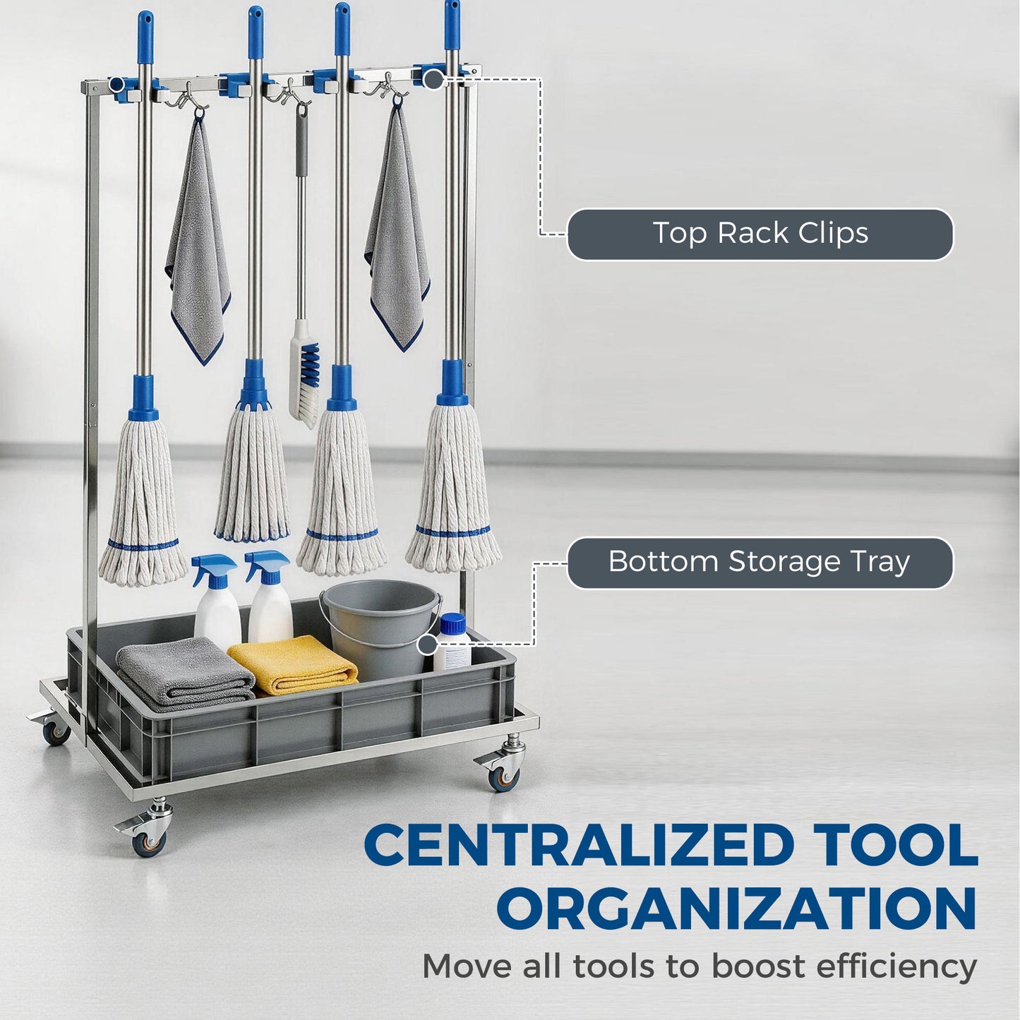 Cleaning Rolling Janitor Cart with Locking Wheels Cleaning Cart with Integrated Drip Tray 4 Casters